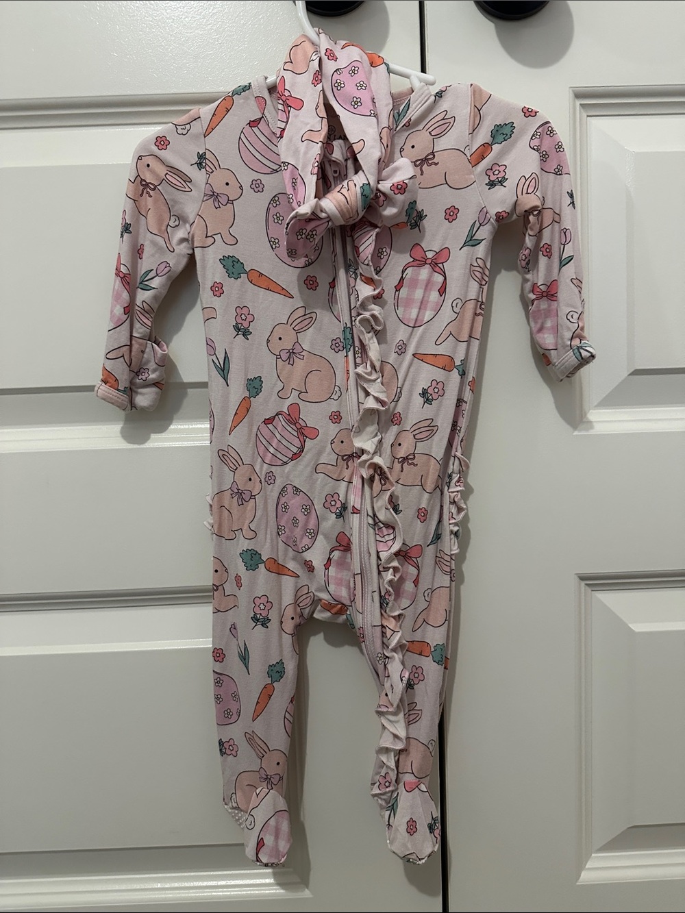 Caden Lane Pink Bunny & Carrot Hooded Footie and Bow included